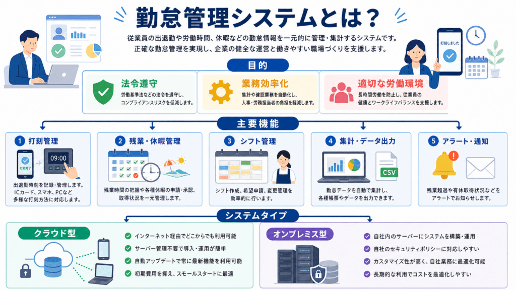勤怠管理システムの概要と目的を示す図。法令遵守と業務効率化、適切な職場づくりを表すアイコン入り。最適機能を紹介。